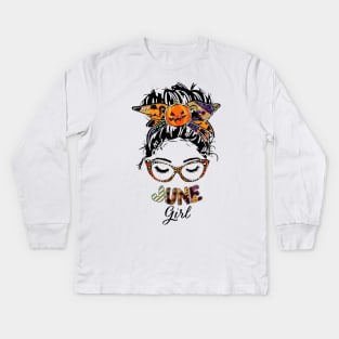 June Girl Halloween Face Wink Eyes Pumpkin Kids Long Sleeve T-Shirt